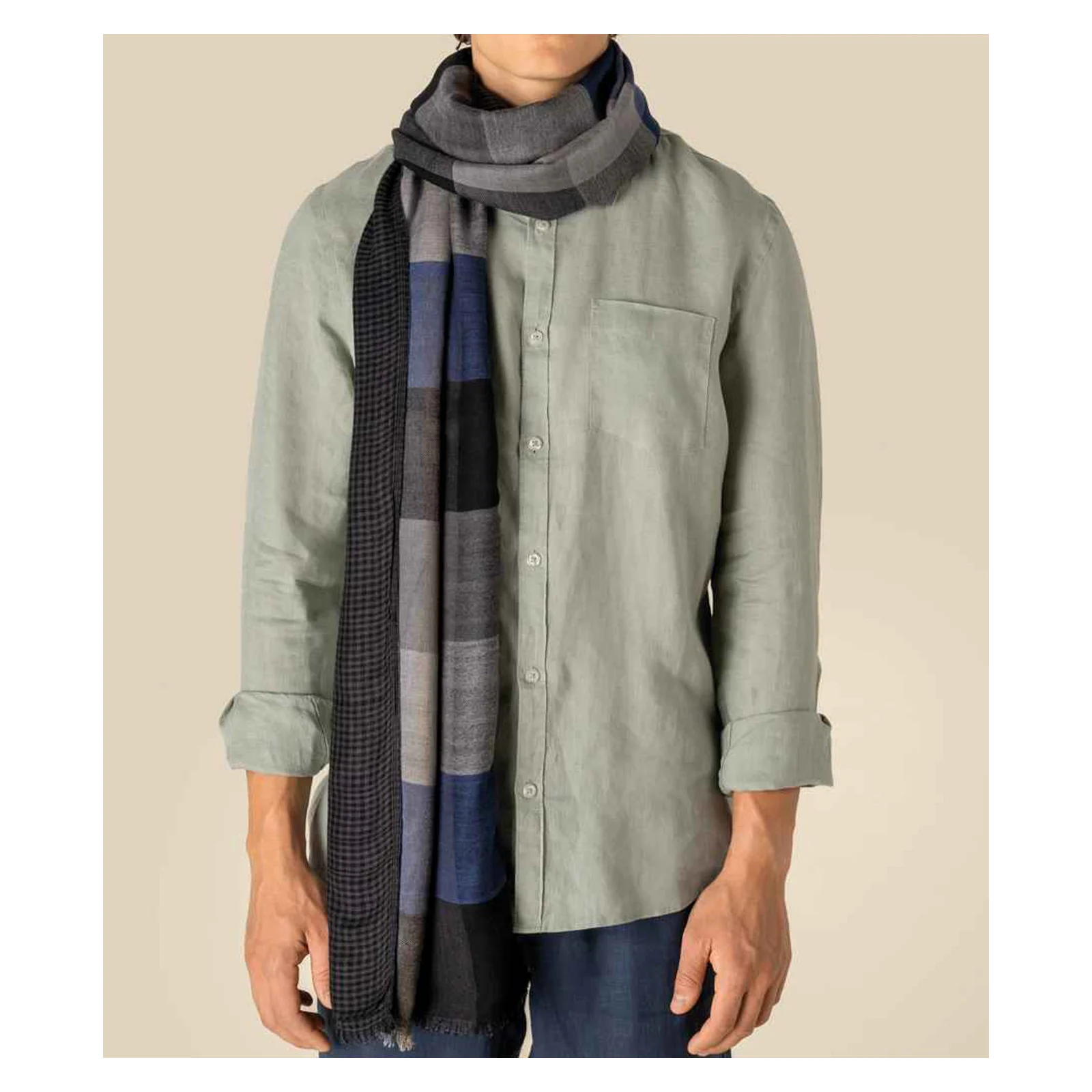 Spasso Blue Patchwork/Check Reversible Scarf
