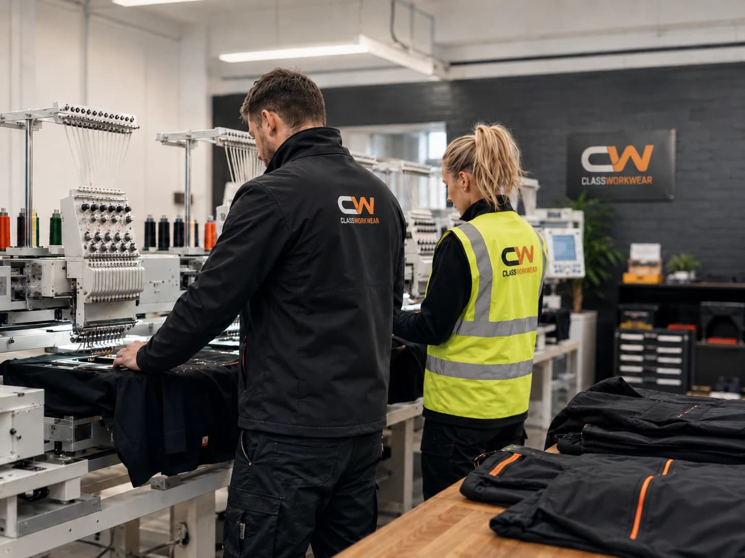 Classworkwear team working with embroidery machinery